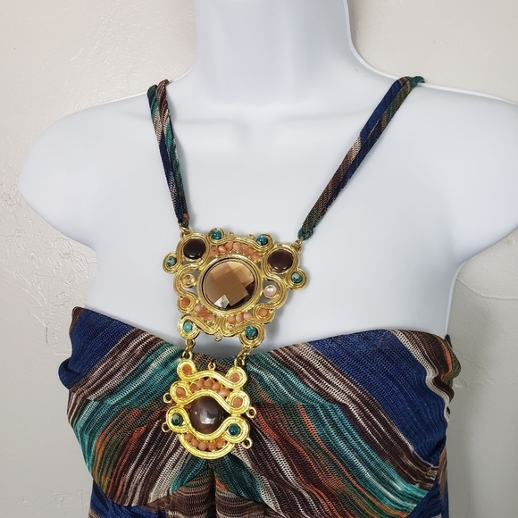 S-Twelve Sample Tank Top Blouse Big Metal Gold Gem Mesh Green Blue Brown Boho - Picture 4 of 9